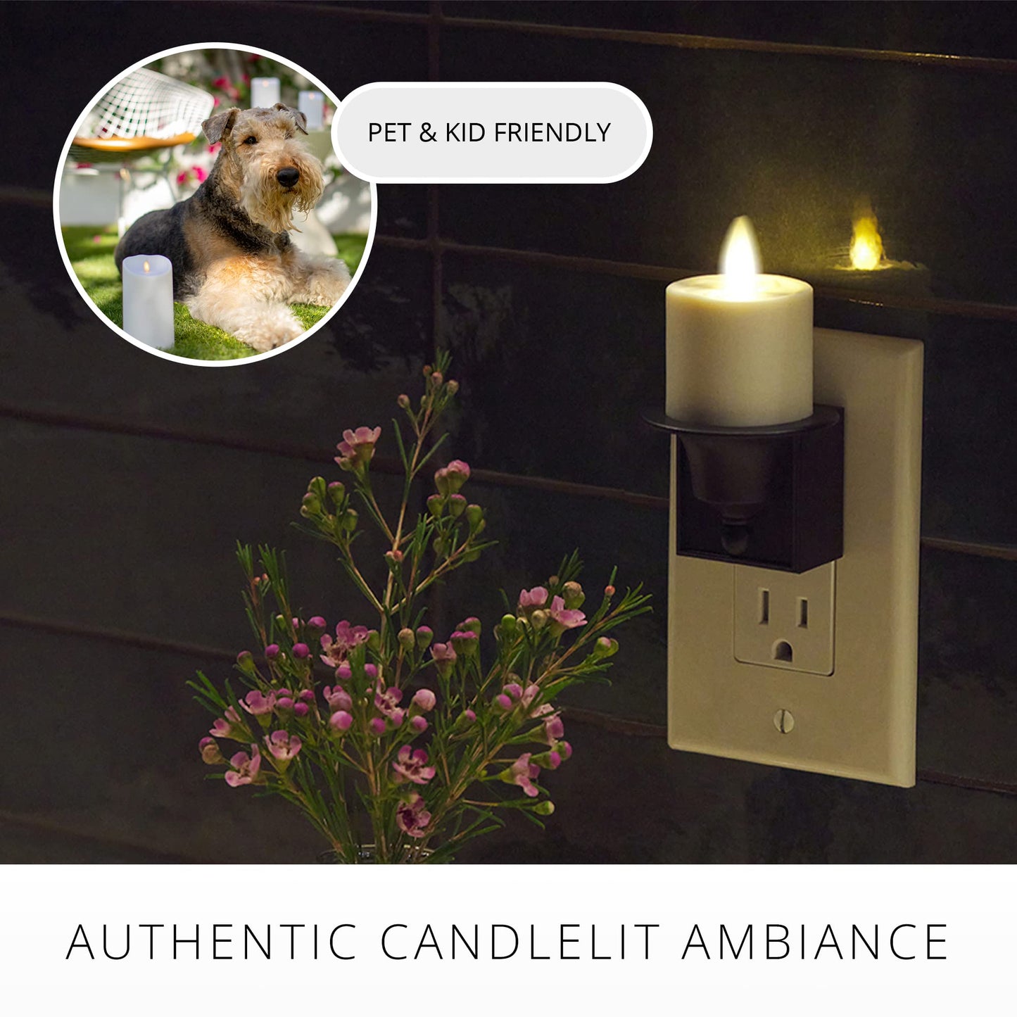 Luminara Flameless Candle Nightlight - Patented Flickering Real-Flame Effect Technology Mimics Real Candle - Plugs into Vertical Outlet Only - Dusk to Dawn Sensor Auto Switch On/Off (Black)