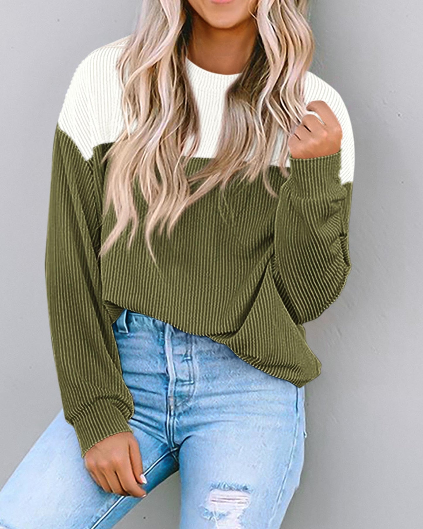 KIRUNDO Womens Fashion 2024 Fall Color Block Long Sleeve Ribbed Knit Tops Casual Loose Crewneck Blouse Pullover Shirts, Army Green, X-Large