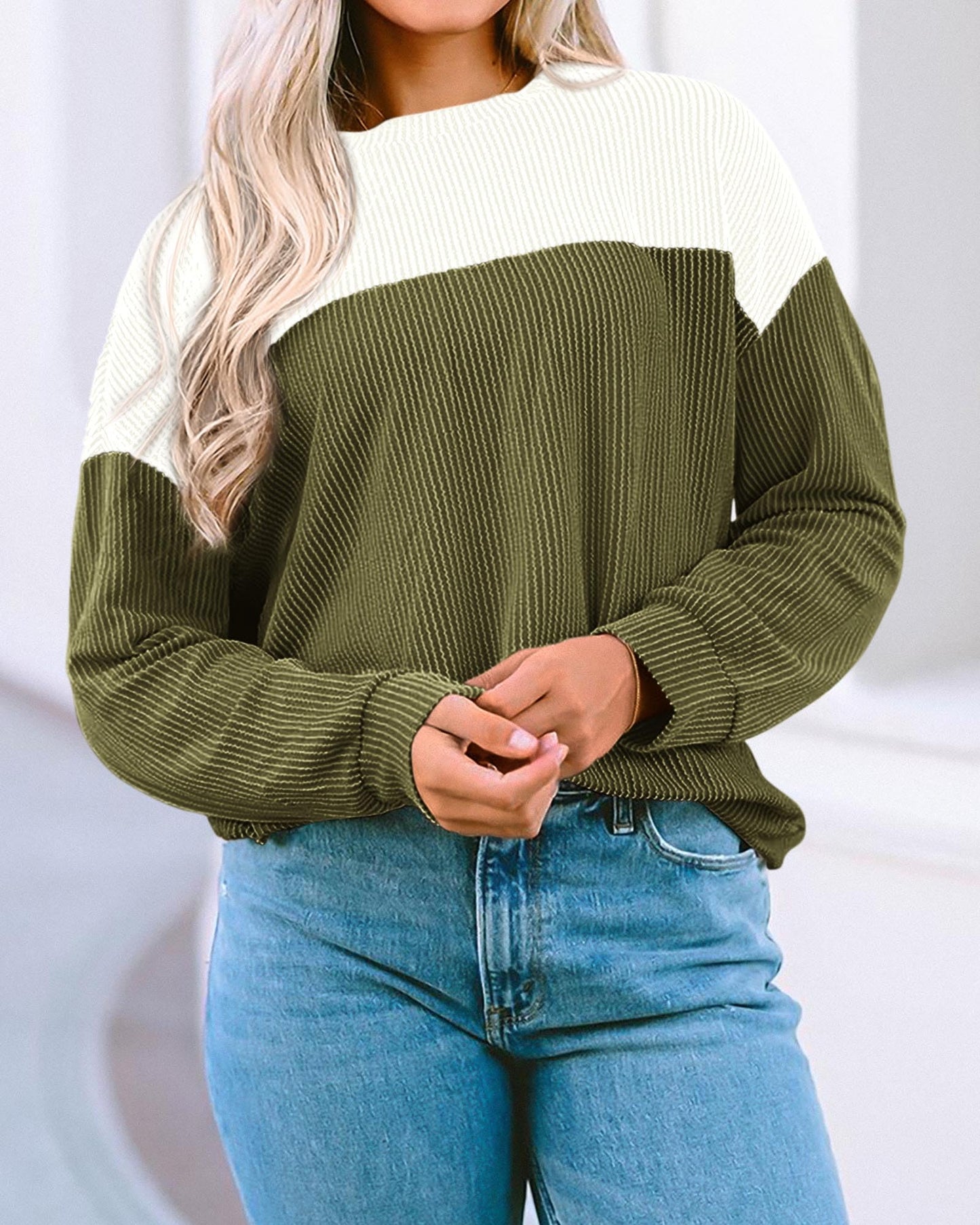 KIRUNDO Womens Fashion 2024 Fall Color Block Long Sleeve Ribbed Knit Tops Casual Loose Crewneck Blouse Pullover Shirts, Army Green, X-Large