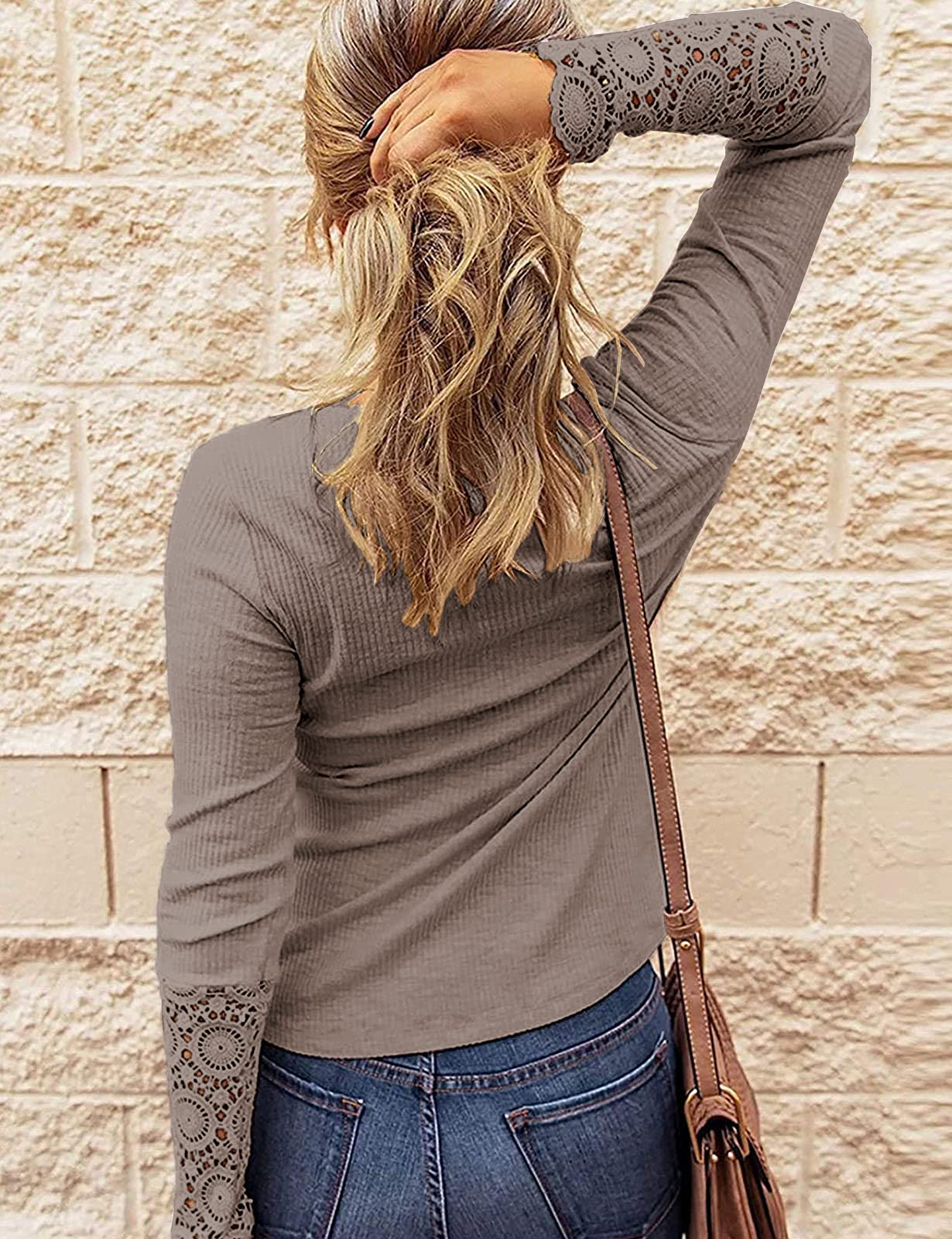 Henley Sweater Women Tops Loose Fit Casual Work Ladies Long Sleeve Shirts Coffee XL