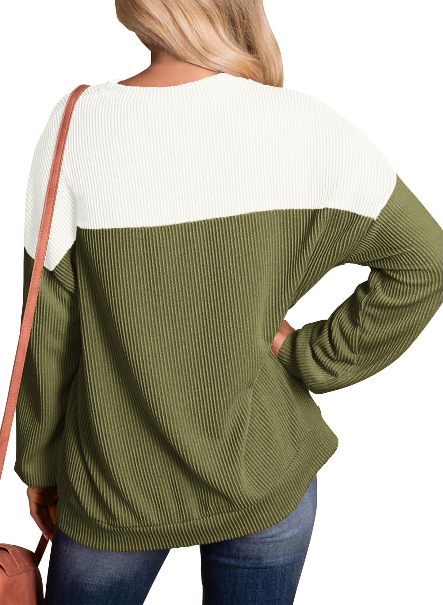 KIRUNDO Womens Fashion 2024 Fall Color Block Long Sleeve Ribbed Knit Tops Casual Loose Crewneck Blouse Pullover Shirts, Army Green, X-Large