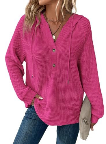 Dokotoo Womens Sweaters Hoodies Oversized Sweatshirt for Women Casual Waffle Knit Drawstring Button Up V Neck Long Sleeve Lightweight Soft Loose Hoodie Pullover Sweatshirts Tunic Tops Rosy X-Large