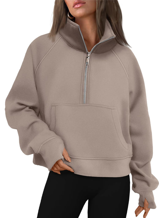 AUTOMET Fall Outfits For Women 2024 Half Zip Pullover Sweatshirts Cropped Quarter Zipper Oversized Hoodie Sweater Fashion Clothes Coffeegrey M