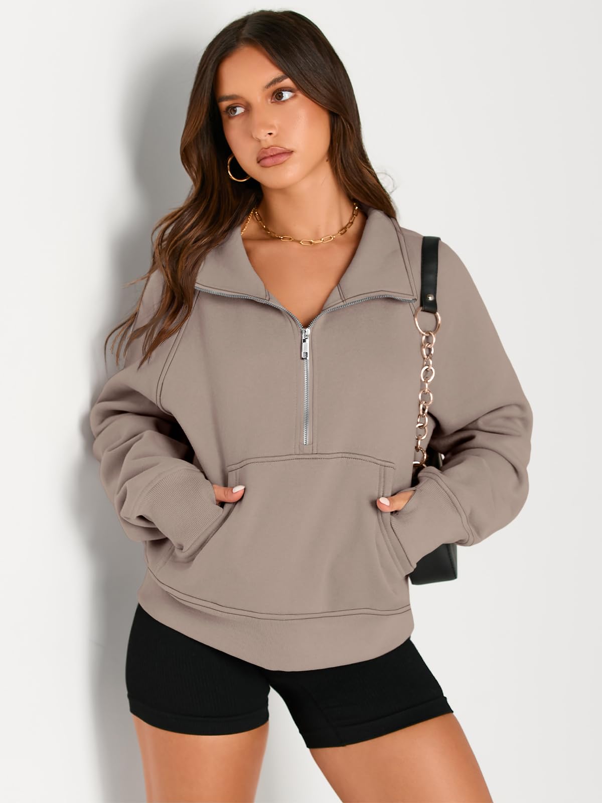 AUTOMET Fall Outfits For Women 2024 Half Zip Pullover Sweatshirts Cropped Quarter Zipper Oversized Hoodie Sweater Fashion Clothes Coffeegrey M