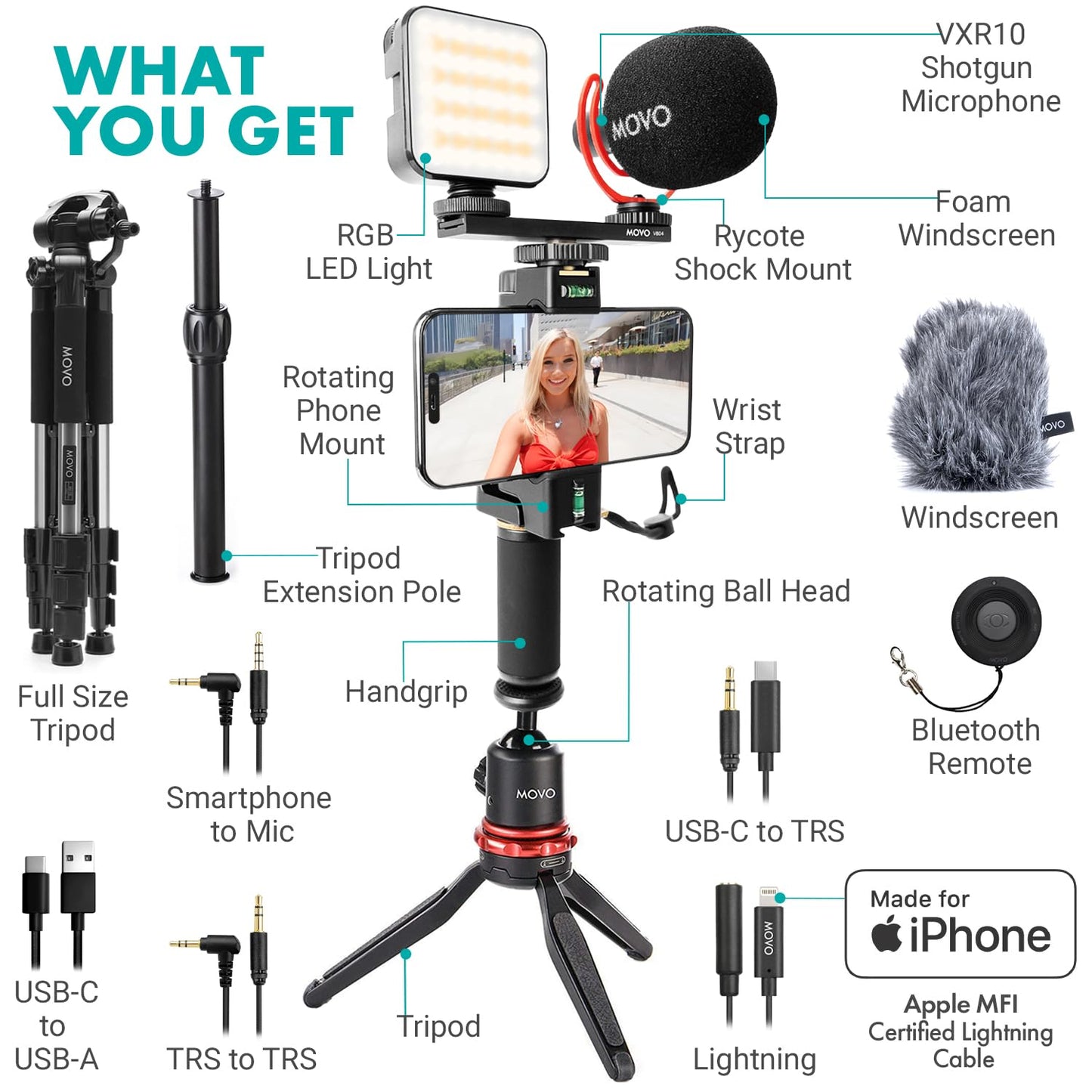 Movo iVlogger-PRO Vlogging Kit with Full Tripod for iPhone/Android - YouTube Starter Kit for Content Creators - Accessories: Phone Tripod, Phone Mount, RGB Light and VXR10 Shotgun Mic