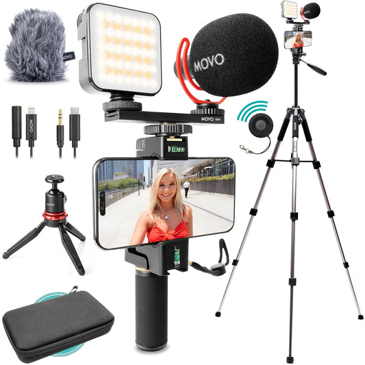 Movo iVlogger-PRO Vlogging Kit with Full Tripod for iPhone/Android - YouTube Starter Kit for Content Creators - Accessories: Phone Tripod, Phone Mount, RGB Light and VXR10 Shotgun Mic