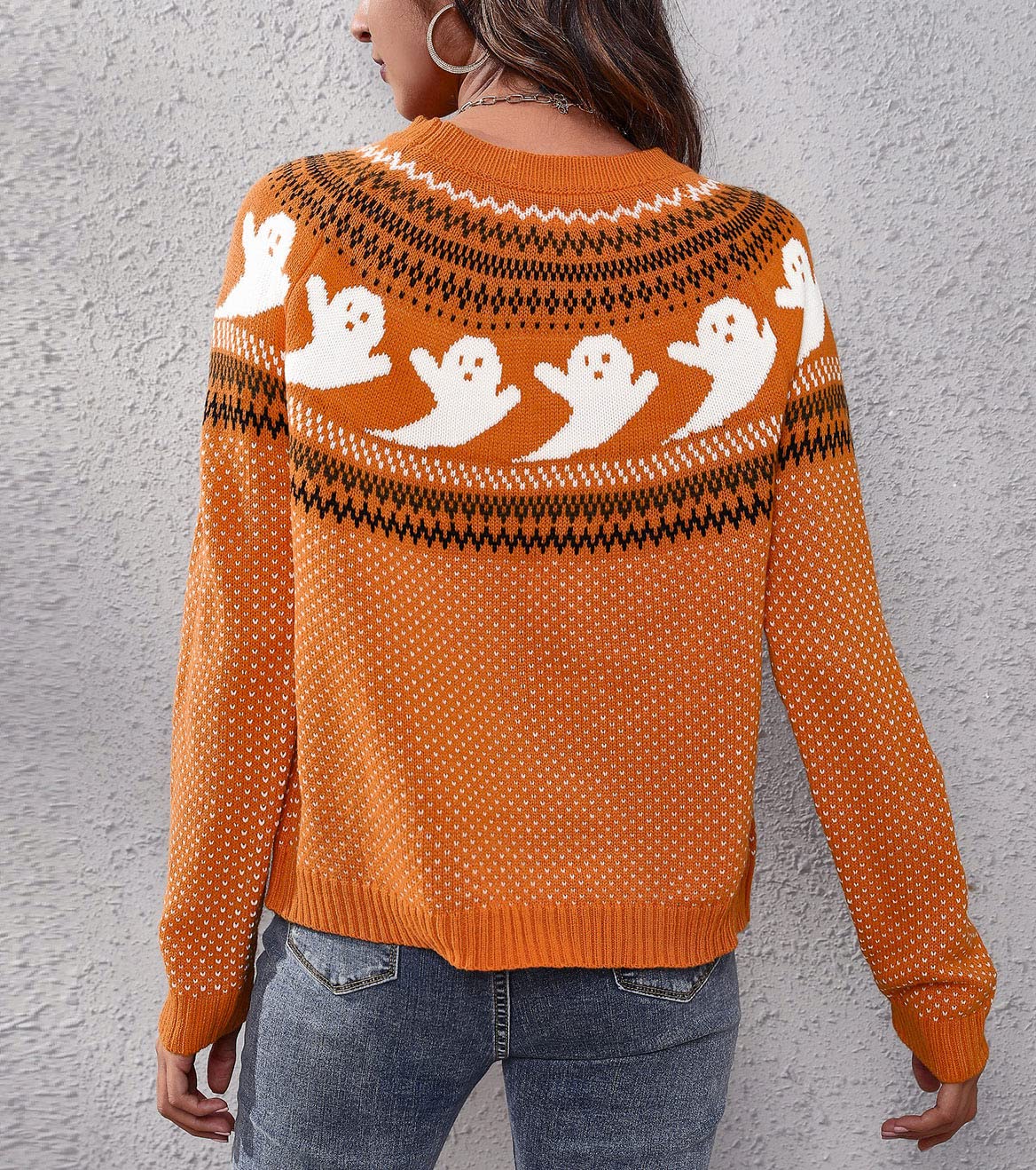 chouyatou Women's Vintage Fair Isle Ghost Pattern Crewneck Knitted Pullover Sweater (X-Large, Orange)