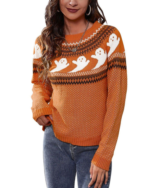 chouyatou Women's Vintage Fair Isle Ghost Pattern Crewneck Knitted Pullover Sweater (X-Large, Orange)