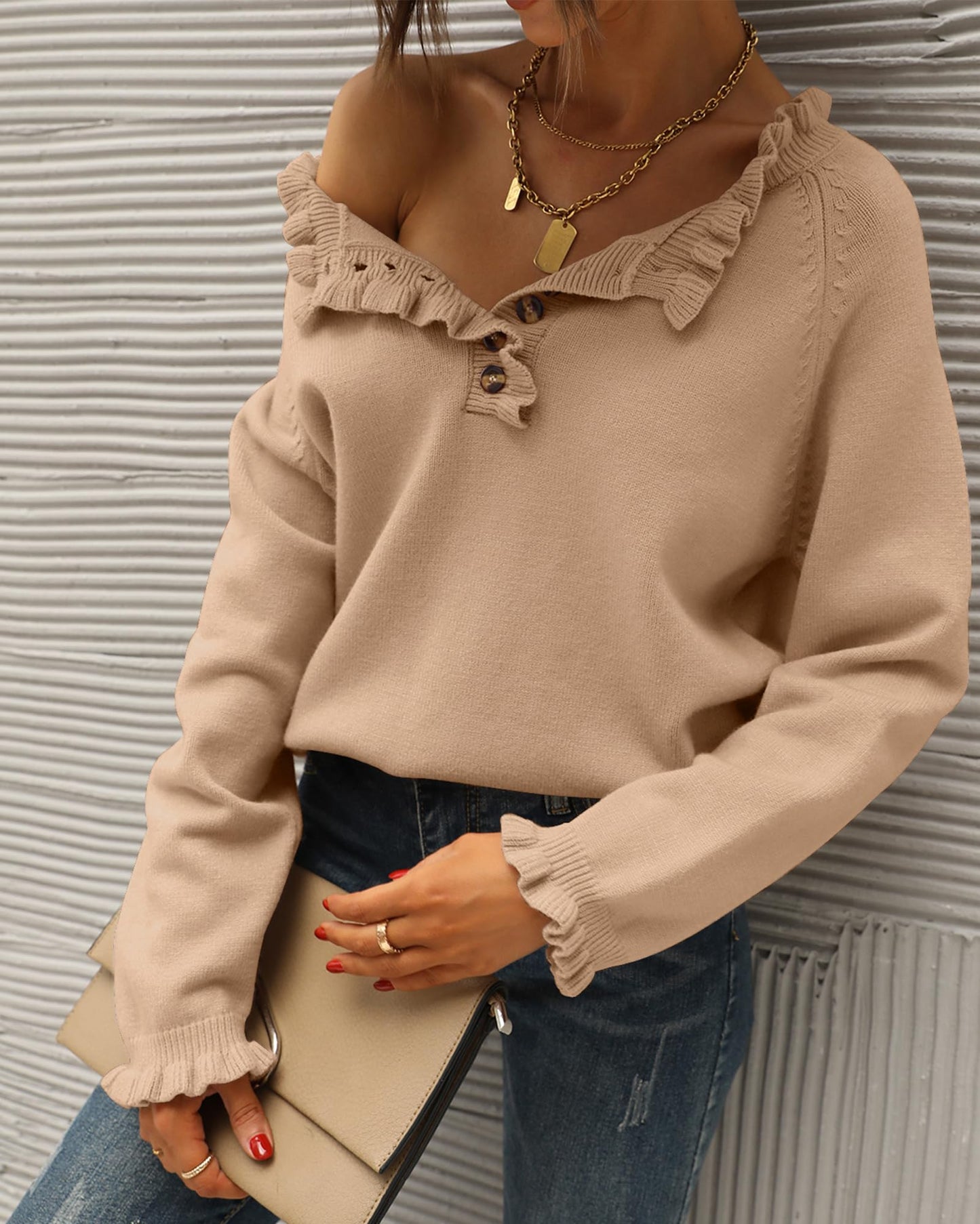 BTFBM 2024 Womens Sweaters Fall Winter Outfits Long Sleeve Button Down Ruffle Crew Neck Casual Knitted Pullover Tops(Solid Khaki, Medium)