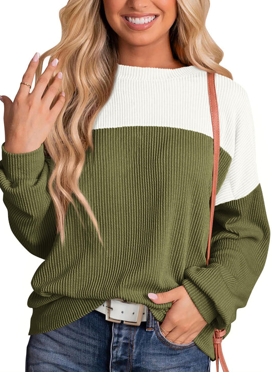 KIRUNDO Womens Fashion 2024 Fall Color Block Long Sleeve Ribbed Knit Tops Casual Loose Crewneck Blouse Pullover Shirts, Army Green, X-Large