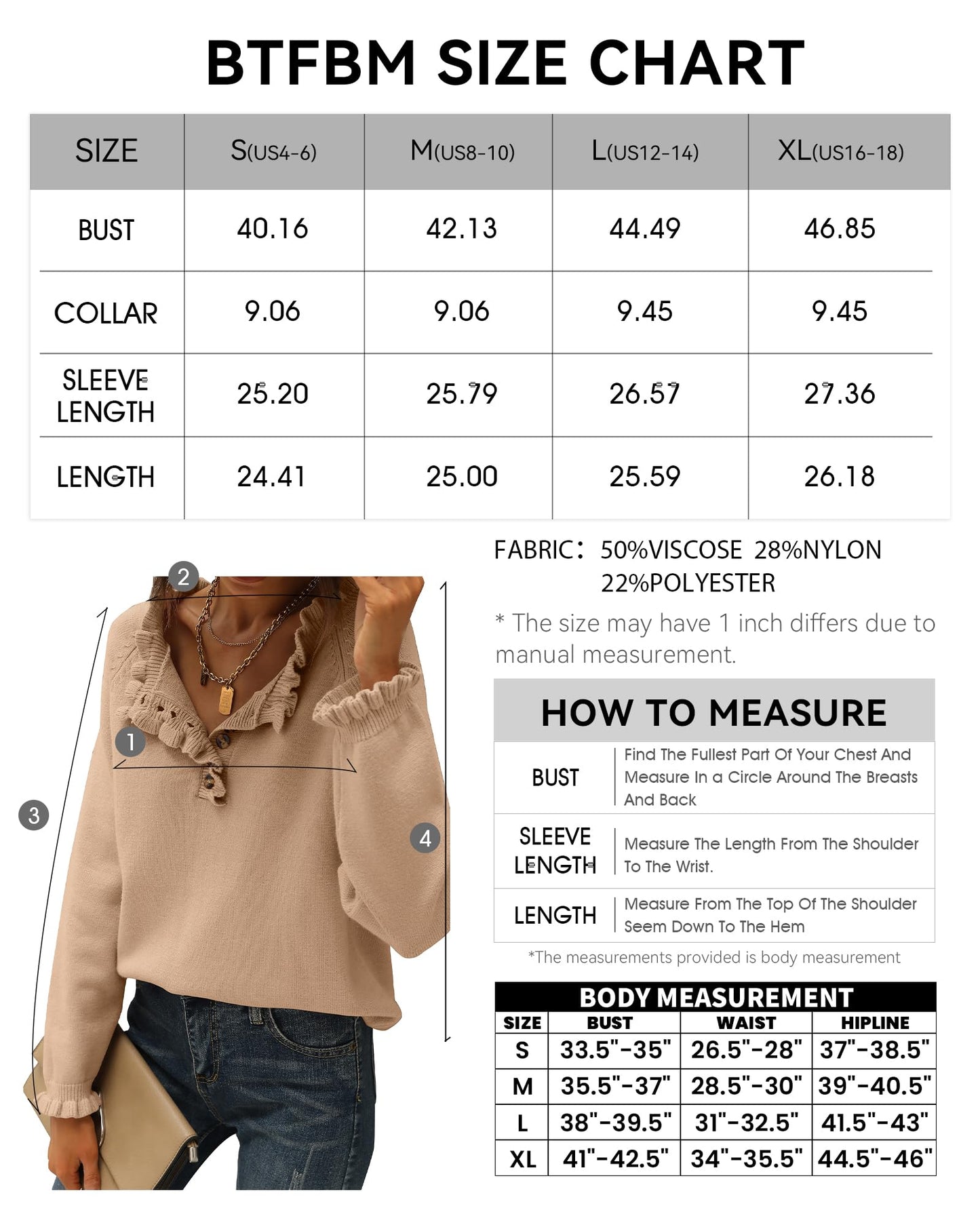 BTFBM 2024 Womens Sweaters Fall Winter Outfits Long Sleeve Button Down Ruffle Crew Neck Casual Knitted Pullover Tops(Solid Khaki, Medium)