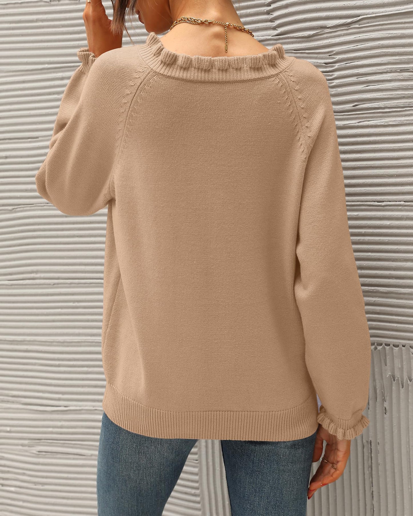 BTFBM 2024 Womens Sweaters Fall Winter Outfits Long Sleeve Button Down Ruffle Crew Neck Casual Knitted Pullover Tops(Solid Khaki, Medium)