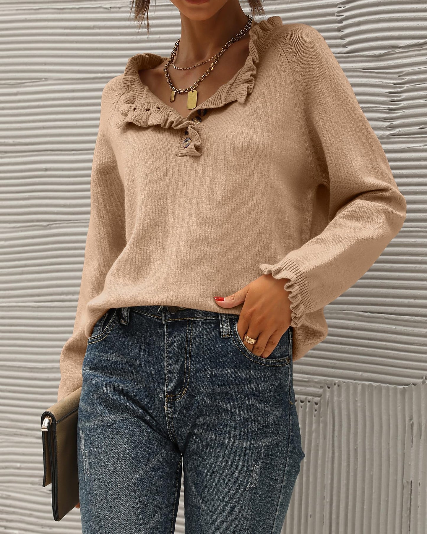 BTFBM 2024 Womens Sweaters Fall Winter Outfits Long Sleeve Button Down Ruffle Crew Neck Casual Knitted Pullover Tops(Solid Khaki, Medium)